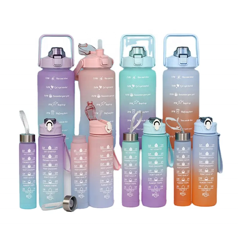 3pcs set 2000ml 900ml  500ml gradient bear Plastic bottle portable small large frosted plastic water bottles wholesale