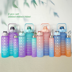 3pcs set 2000ml 900ml  500ml gradient bear Plastic bottle portable small large frosted plastic water bottles wholesale