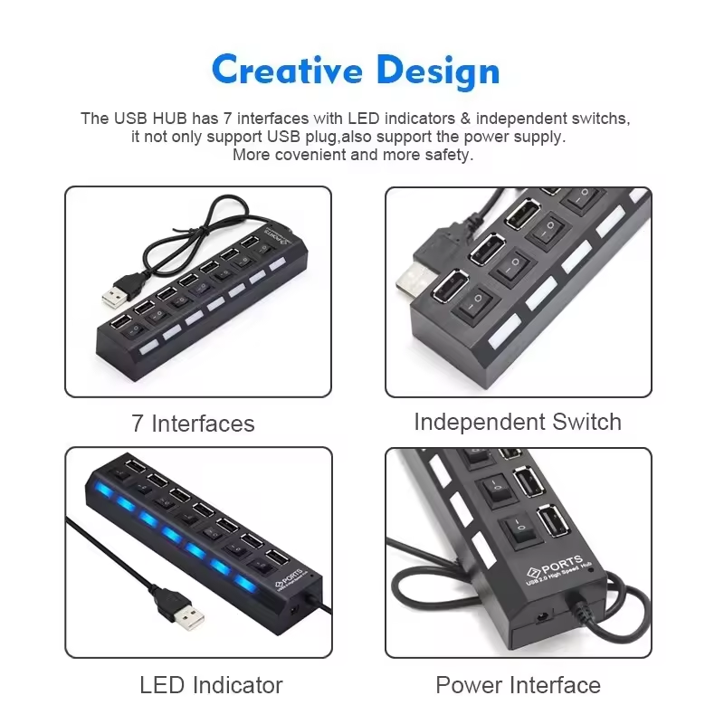 Hot USB HUB 2.0 Splitter Multi USB 2.0 HUB USB 7 Port Multiport Hab PC Accessories with Power Adapter for Computer