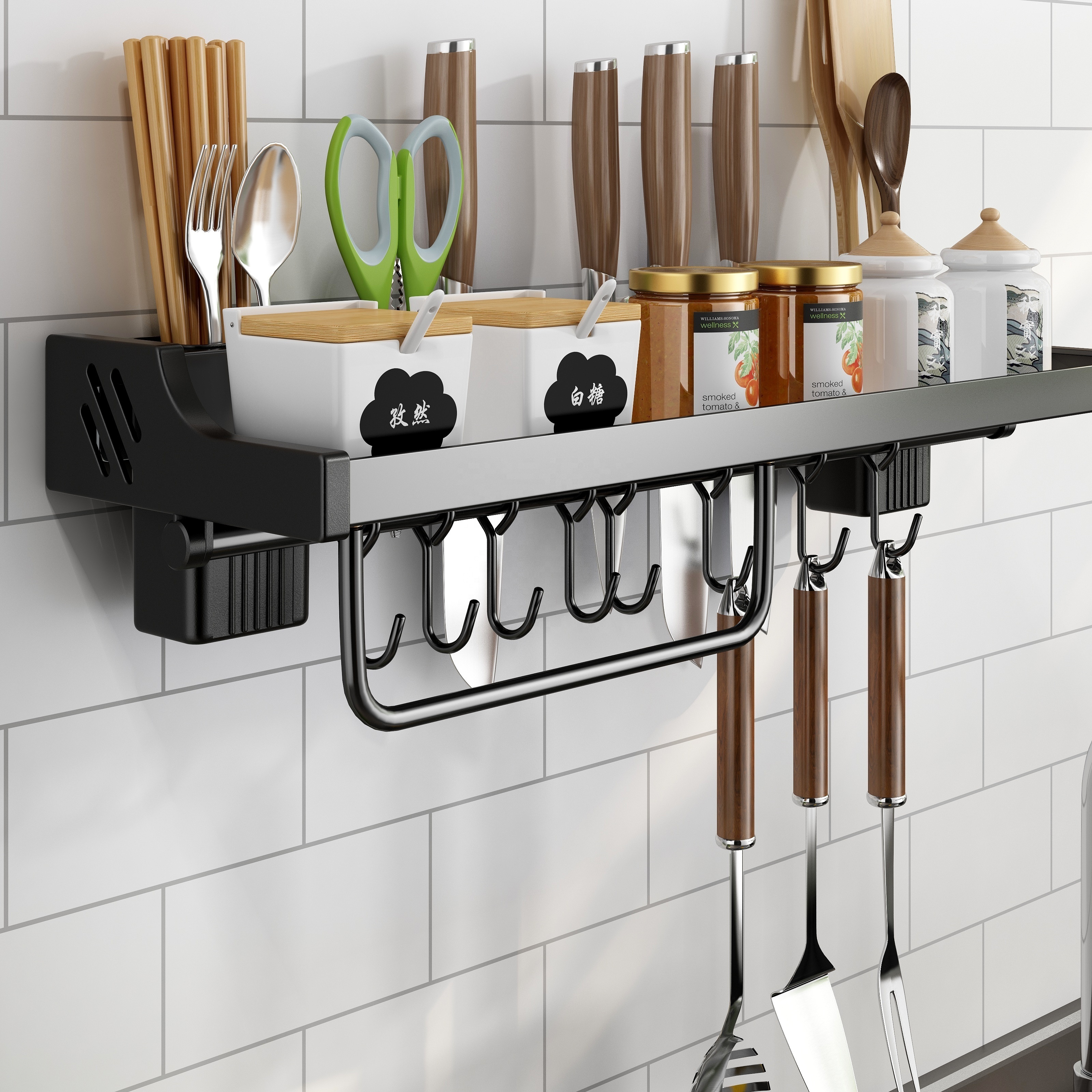 Kitchen Rack spice rack stainless steel shelf with hooks storage holders utensils racks with hooks