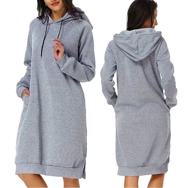 Wholesale Long Sleeve Hooded Pocket Tunic Dress Pullover Hoodie Dress Winter Sweatshirt Women Long Sleeve Solid Color Maxi Dress