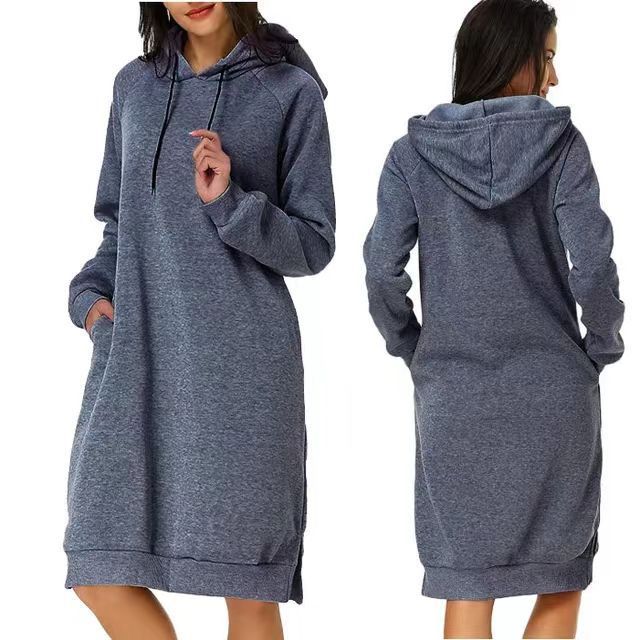 Wholesale Long Sleeve Hooded Pocket Tunic Dress Pullover Hoodie Dress Winter Sweatshirt Women Long Sleeve Solid Color Maxi Dress