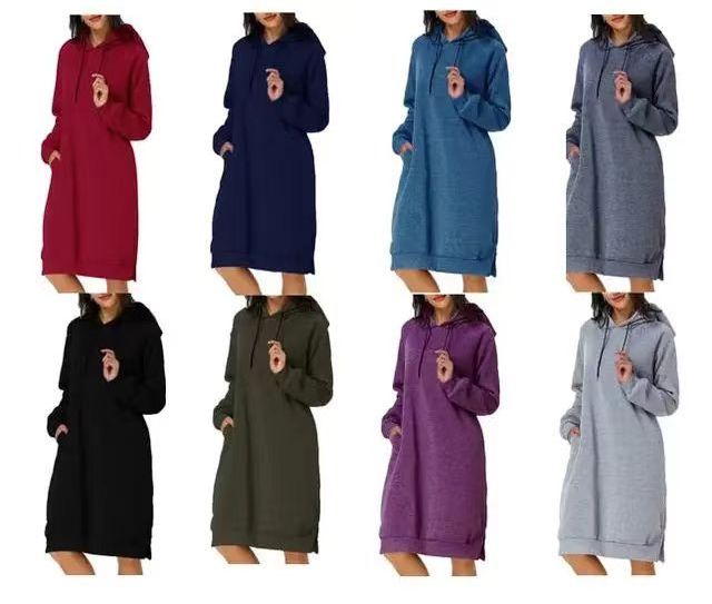 Wholesale Long Sleeve Hooded Pocket Tunic Dress Pullover Hoodie Dress Winter Sweatshirt Women Long Sleeve Solid Color Maxi Dress