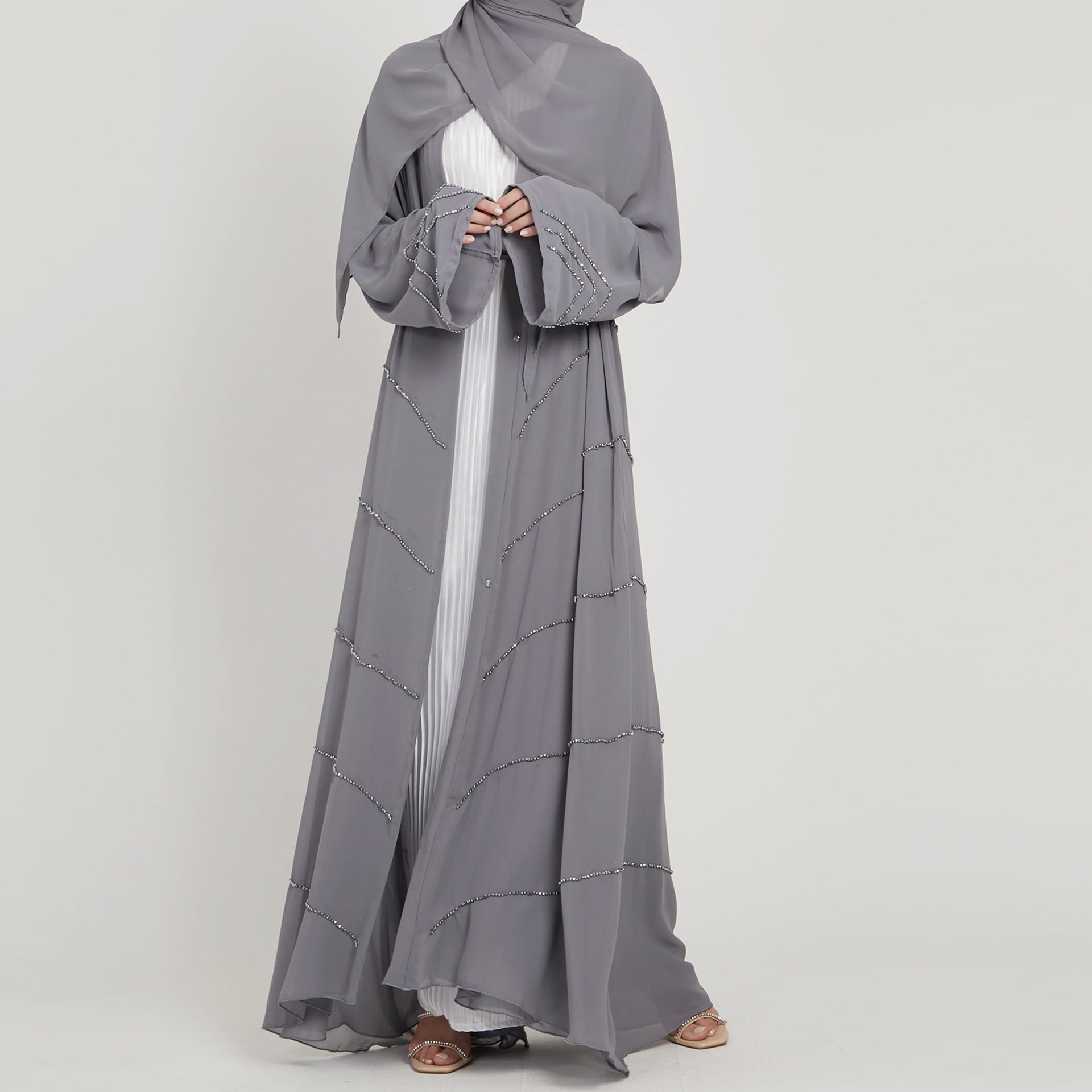 Wholesale Turkey Modest Dubai Eid Robe Sale Abaya Online Solid Color Luxury Abaya Women Muslim Dress Diamond Open Abaya