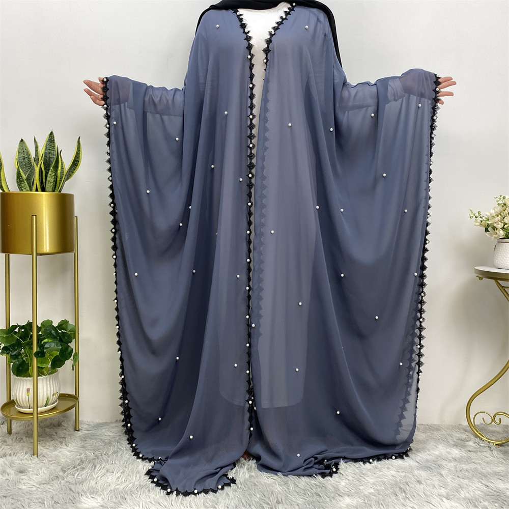 Best Sale Eid Cardigan Transparent Breathable Black Lace With White Pearls Chiffon Women Abaya Muslim Islamic Arab Abaya52