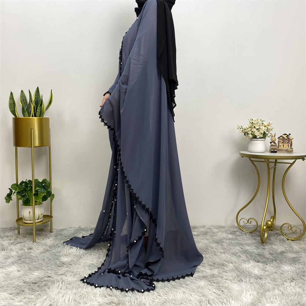 Best Sale Eid Cardigan Transparent Breathable Black Lace With White Pearls Chiffon Women Abaya Muslim Islamic Arab Abaya52