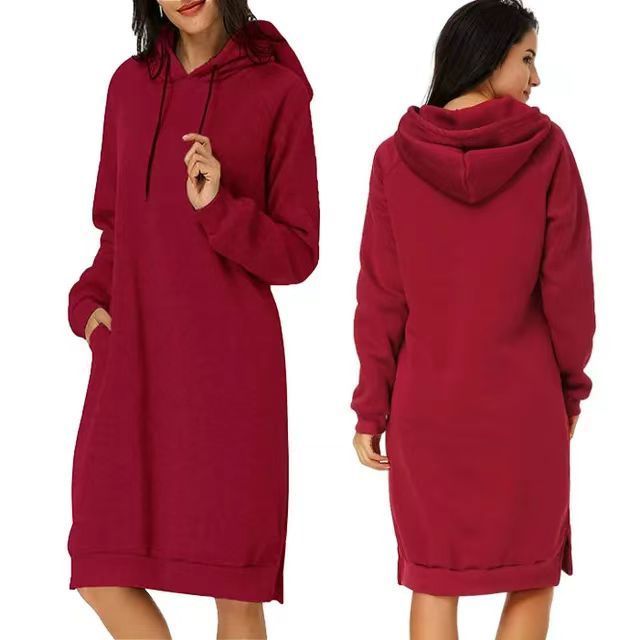 Wholesale Long Sleeve Hooded Pocket Tunic Dress Pullover Hoodie Dress Winter Sweatshirt Women Long Sleeve Solid Color Maxi Dress