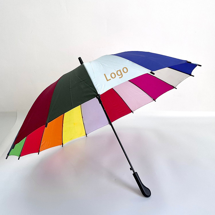 Customized Logo 24K Automatic Open Iridescence Umbrella Golf Windproof Parasol Long Straight Handle Rainbow Umbrella