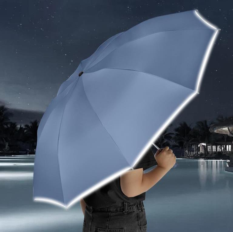 Three Fold Button Innovative Solar Umbrella With Reflective Strip To Automatic Open And Close LED Light Reverse Rain Umbrella