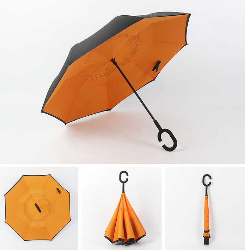 Customized Logo Creative Double Layer C Shaped Hand Free Reverse Umbrellas