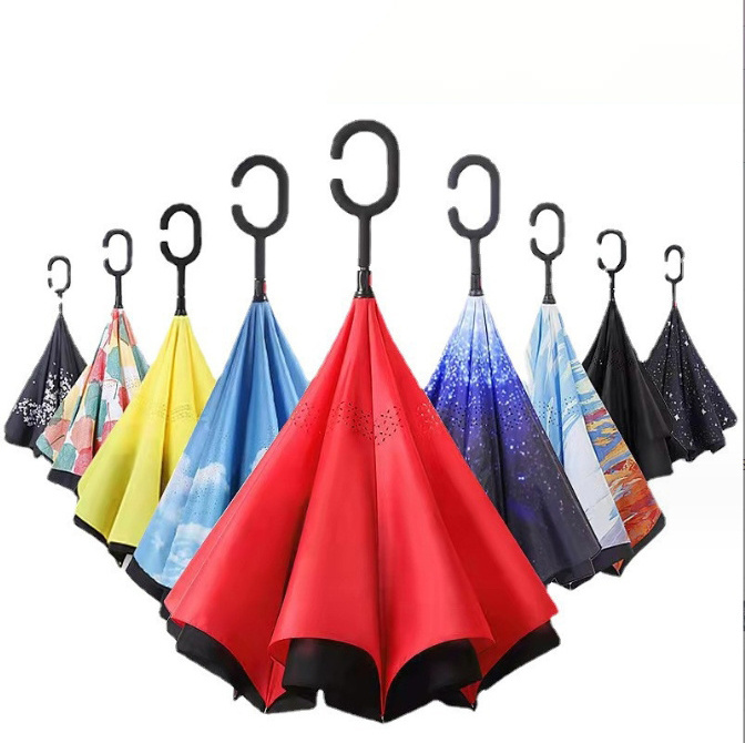 Customized Logo Creative Double Layer C Shaped Hand Free Reverse Umbrellas