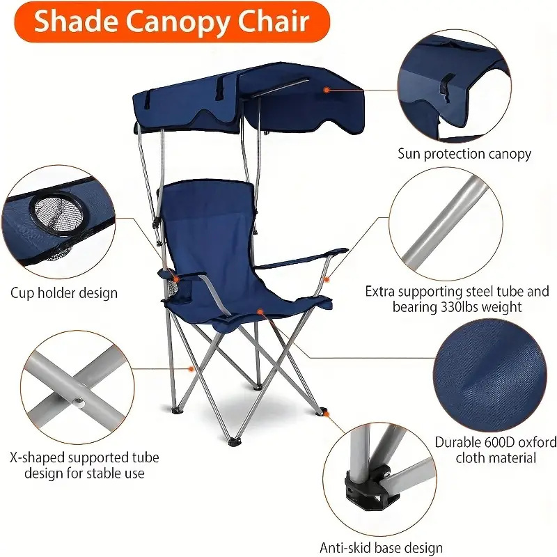 Factory Supply Outdoor Folding Chair, Portable Folding Beach Chair With Shade, Camping Stall Chair With Sun Umbrella