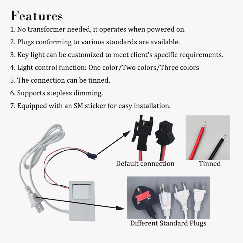 AC220V Bathroom Tricolor Led Light Mirror Touch Sensor Switch With Power Supply