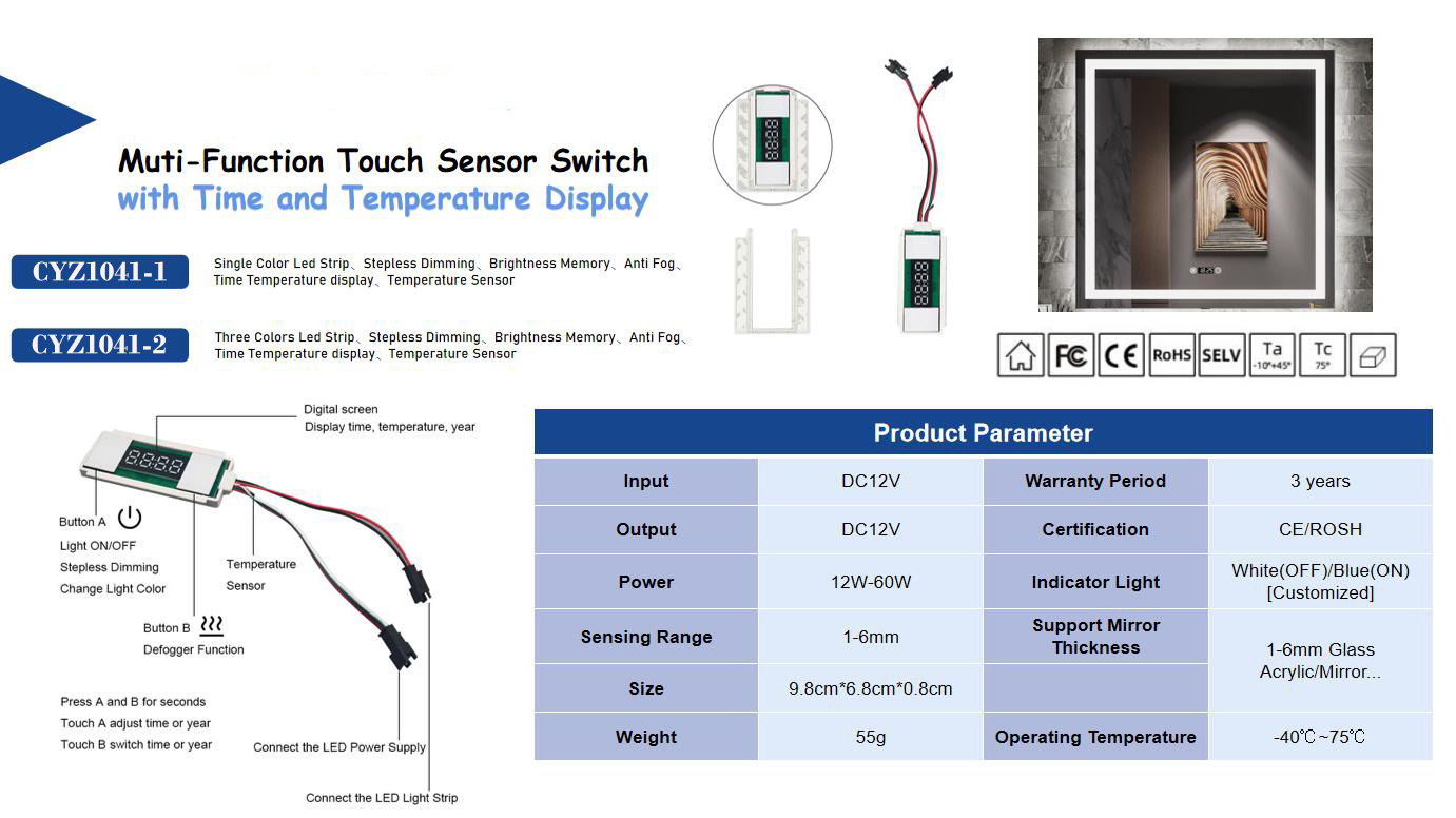 Smart Inductive Switches 12V 24V 12W Mirror Touch Stepless Dimmer with Time & Temperature Display Includes Defogger Function