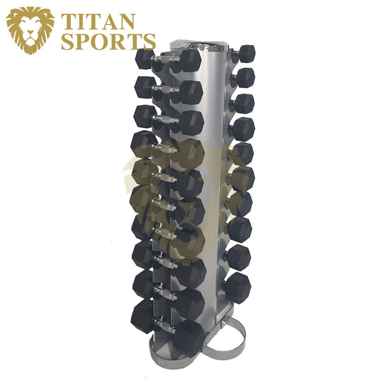 Rubber hex dumbbell weight set with rack