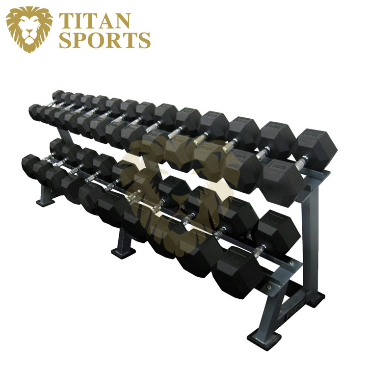 Rubber hex dumbbell weight set with rack