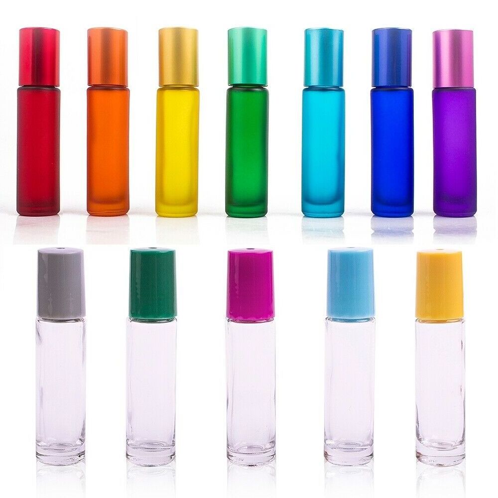 Hot sale rainbow color frosted red yellow blue green 10ml essential oil perfume glass roll on bottles