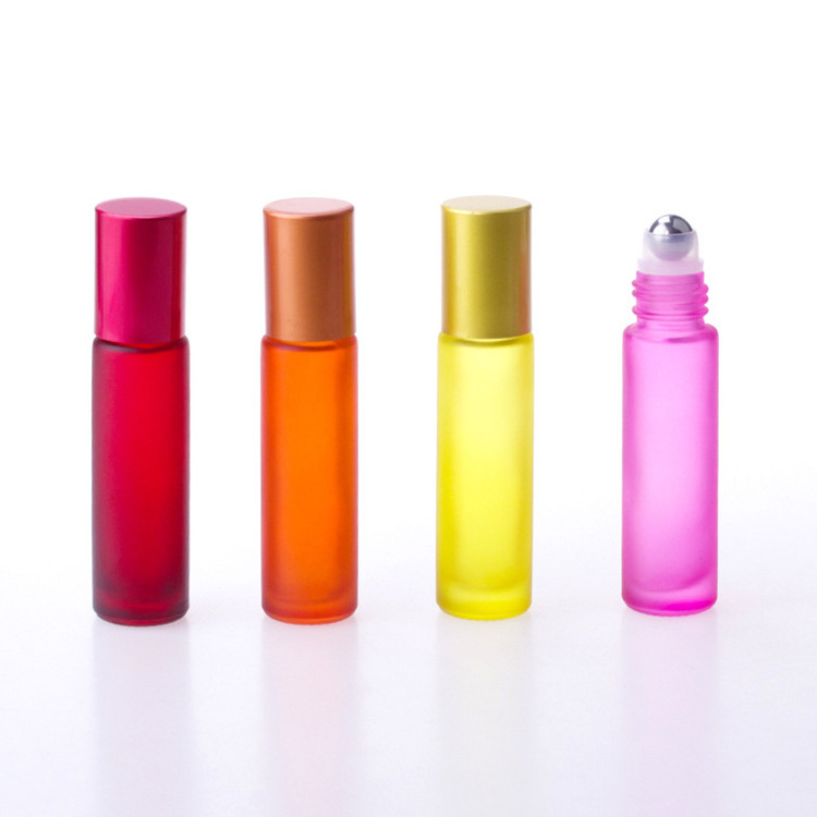 Hot sale rainbow color frosted red yellow blue green 10ml essential oil perfume glass roll on bottles