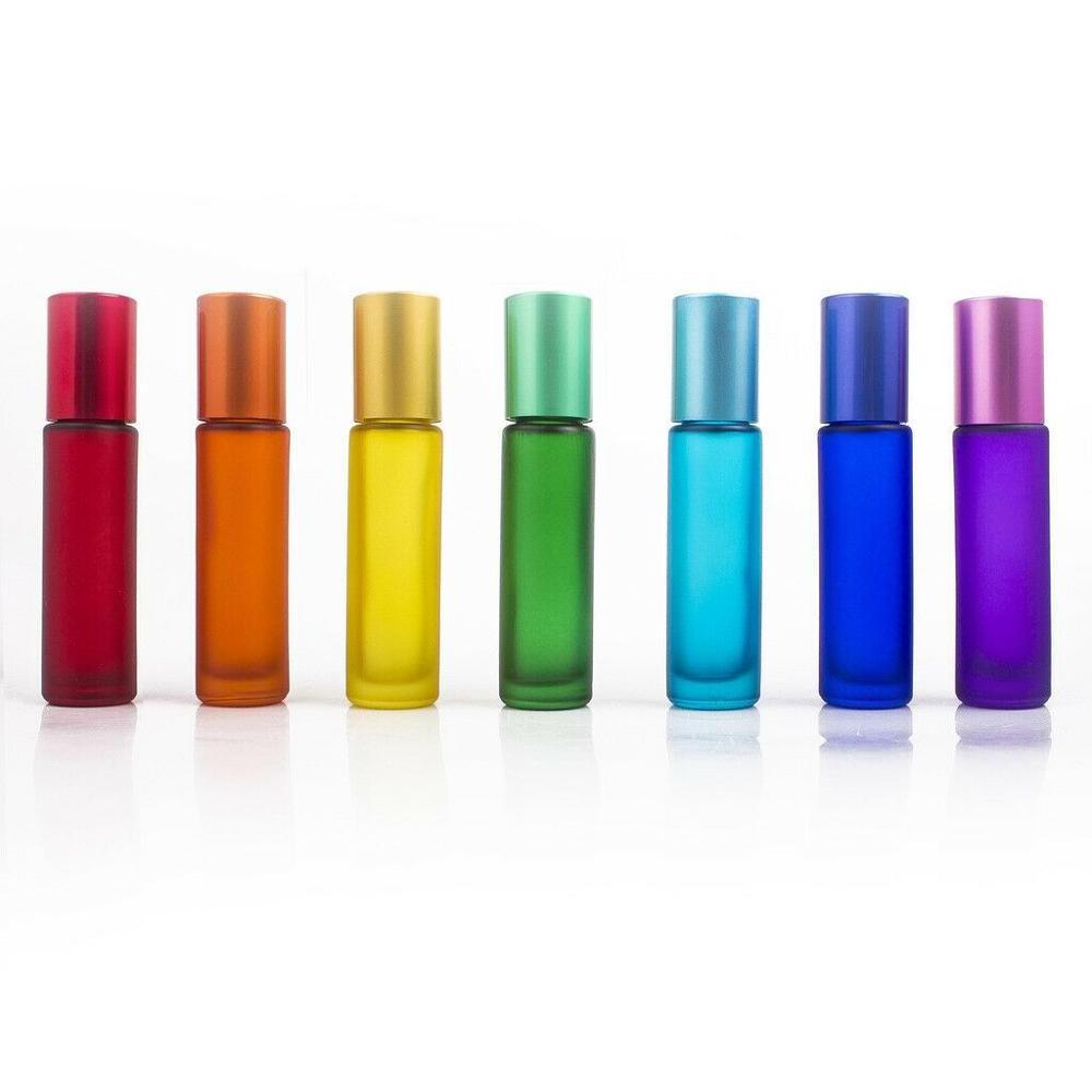 Hot sale rainbow color frosted red yellow blue green 10ml essential oil perfume glass roll on bottles