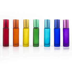 Hot sale rainbow color frosted red yellow blue green 10ml essential oil perfume glass roll on bottles