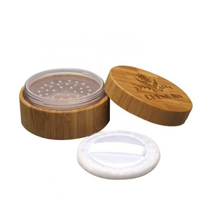 custom laser engraving logo 30g cosmetic bamboo loose powder jar with sifter and powder puff