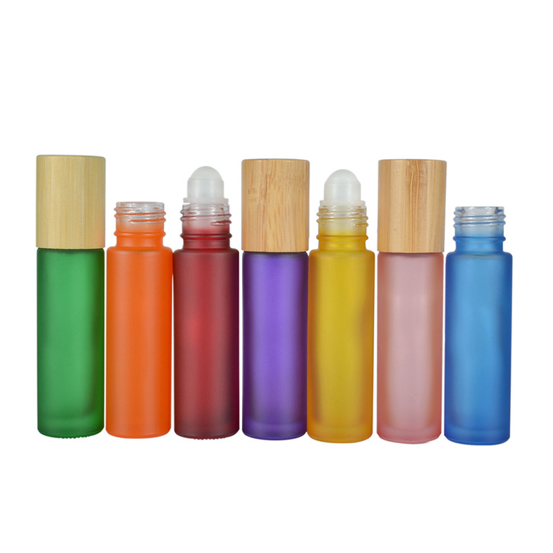 Colorful frosted pink red green blue purple essential oil perfume 10ml 15ml glass roll on bottle with bamboo lid