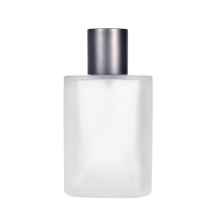 Free samples luxury 30ml 50ml 100ml frosted oblate shape glass mist spray perfume bottle with silver aluminum cap