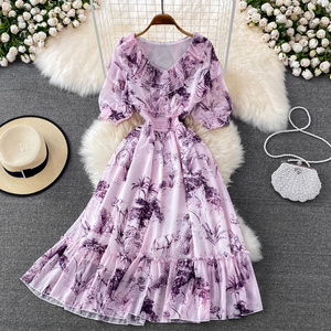 R30437S Printed beach wind dress women's seaside holiday bohemian big swing long skirt super fairy slim ruffled chiffon dress