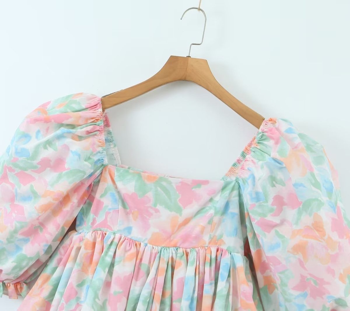 R30072S Sweet Princess Tie-dye Flower Print Ball Gown Dress Women Square Collar Puff Sleeve Swing Mini Fairy Cake Robe Girl 2023