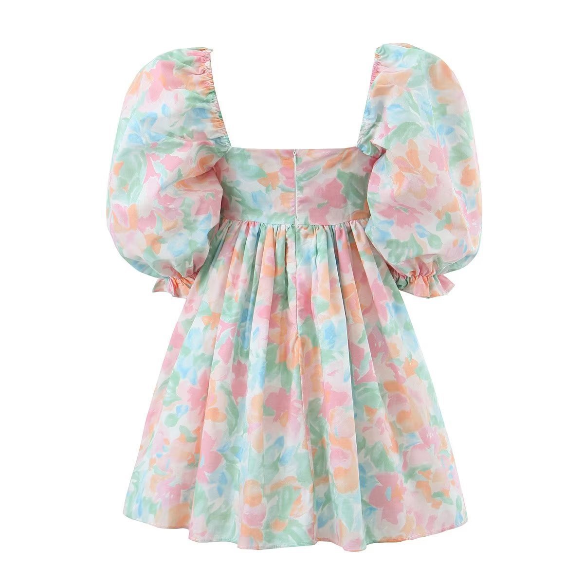 R30072S Sweet Princess Tie-dye Flower Print Ball Gown Dress Women Square Collar Puff Sleeve Swing Mini Fairy Cake Robe Girl 2023