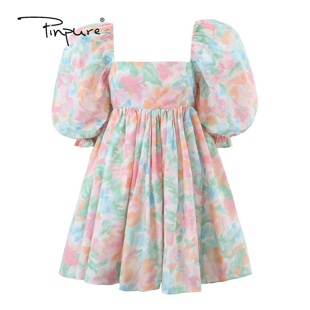 R30072S Sweet Princess Tie-dye Flower Print Ball Gown Dress Women Square Collar Puff Sleeve Swing Mini Fairy Cake Robe Girl 2023