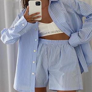 R30241S 2022 Outwear Tracksuit Women Shorts Set Stripe Long Sleeve Shirt Tops And Waist Loose High Mini Shorts Two Piece Sets