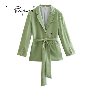 R30461S 2022 Women Fashion With Belt Front Button Blazer Coat Vintage Long Sleeve Welt Pockets Female Outerwear Chic Veste Femme