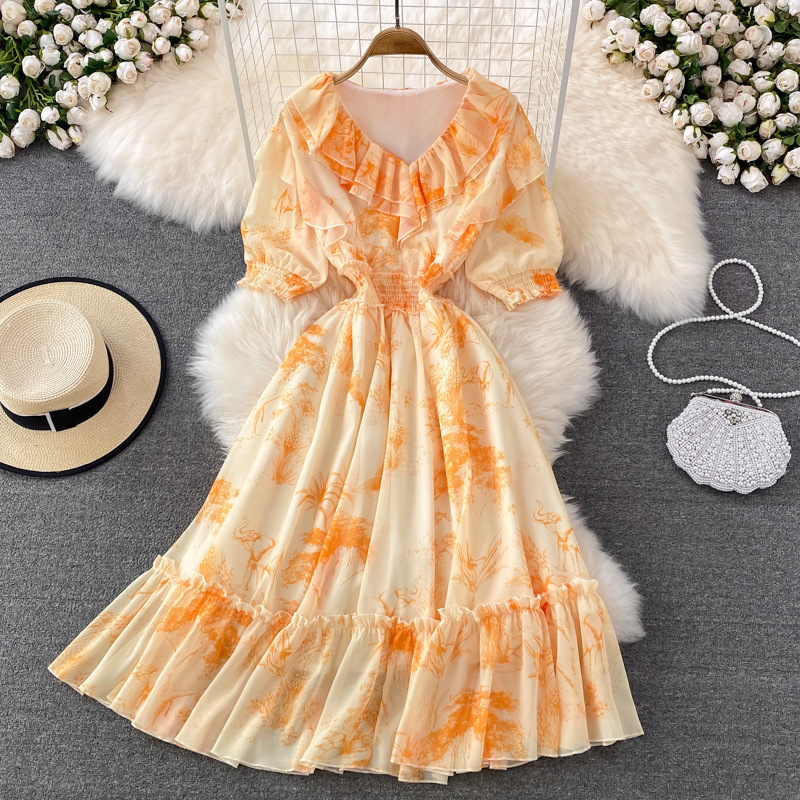 R30437S Printed beach wind dress women's seaside holiday bohemian big swing long skirt super fairy slim ruffled chiffon dress