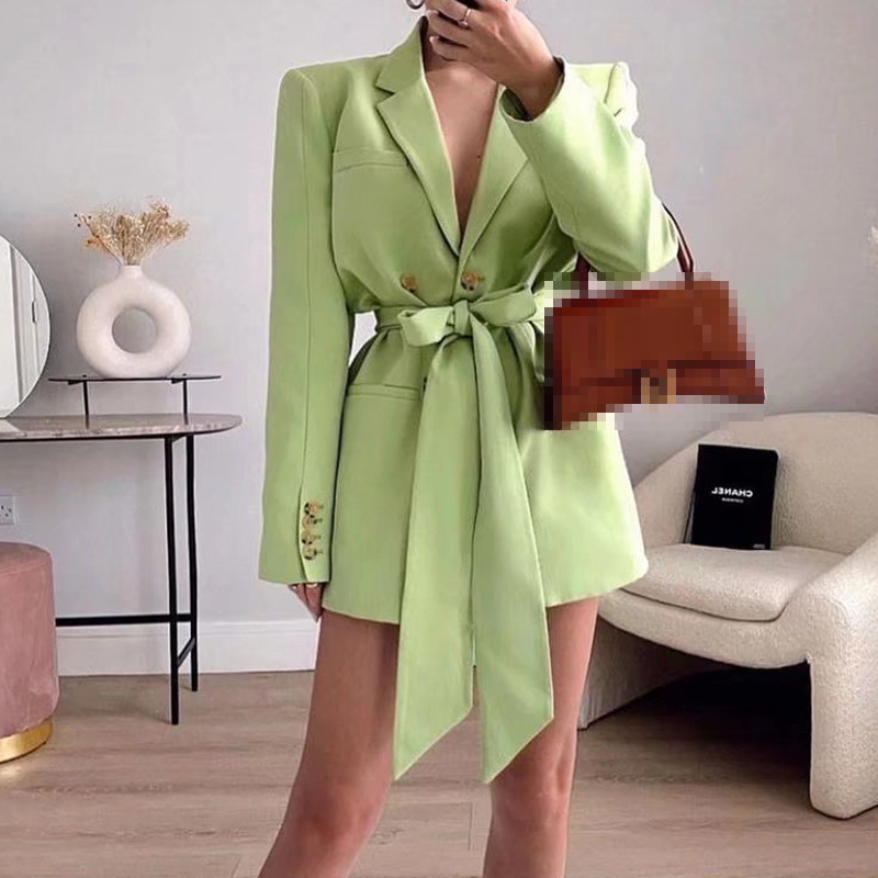 R30461S 2022 Women Fashion With Belt Front Button Blazer Coat Vintage Long Sleeve Welt Pockets Female Outerwear Chic Veste Femme