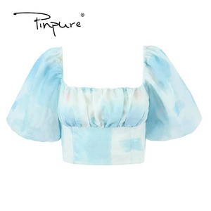 R30134S 2023 Sexy Ruched Corset Sky Blue Tie-dye Gradual Shirt Elastic Back Folds Square Collar Short Puff Sleeve Blouse Tops