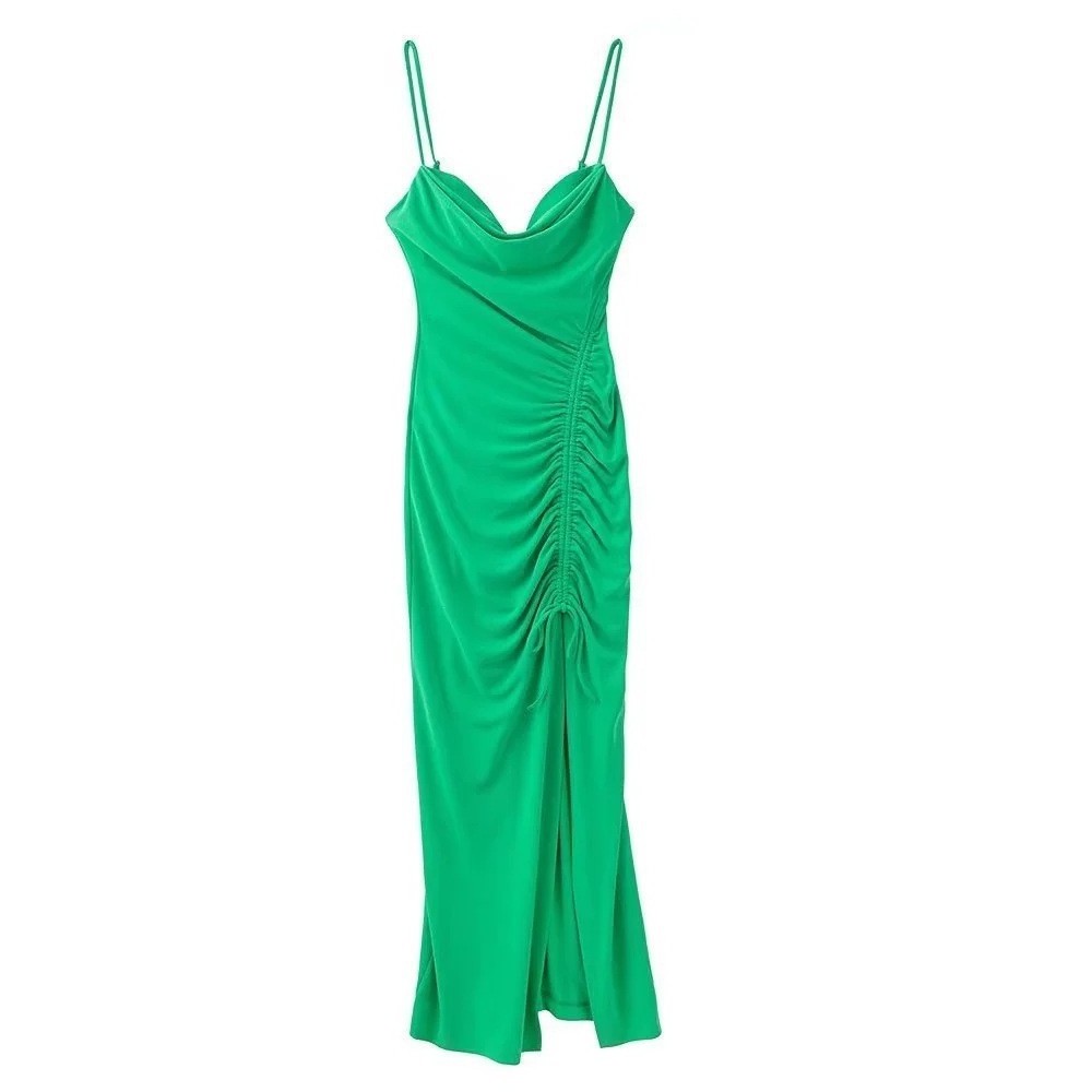 R30970S 2022 Green Woman Sexy Slip Dress Drawstring 2022 New Elegant Sleeveless Back Zipper Party Dress Female Fashion Vestido