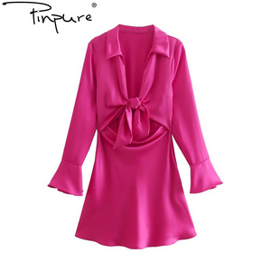 R10302S 2022 summer new women's silk satin pink texture lapel long sleeves high-waist shirt mini dress