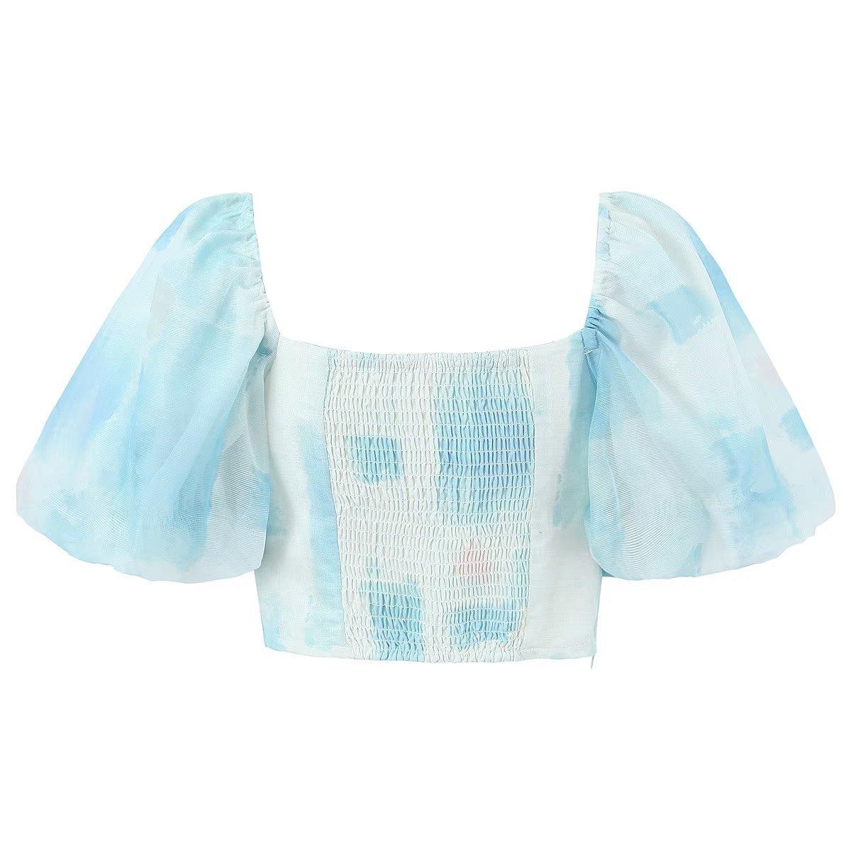 R30134S 2023 Sexy Ruched Corset Sky Blue Tie-dye Gradual Shirt Elastic Back Folds Square Collar Short Puff Sleeve Blouse Tops