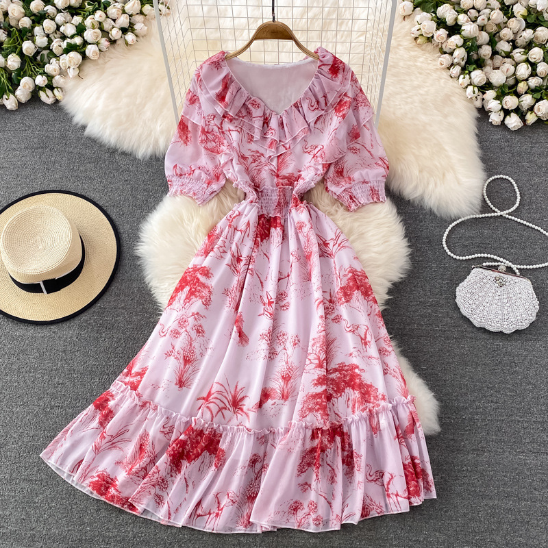 R30437S Printed beach wind dress women's seaside holiday bohemian big swing long skirt super fairy slim ruffled chiffon dress