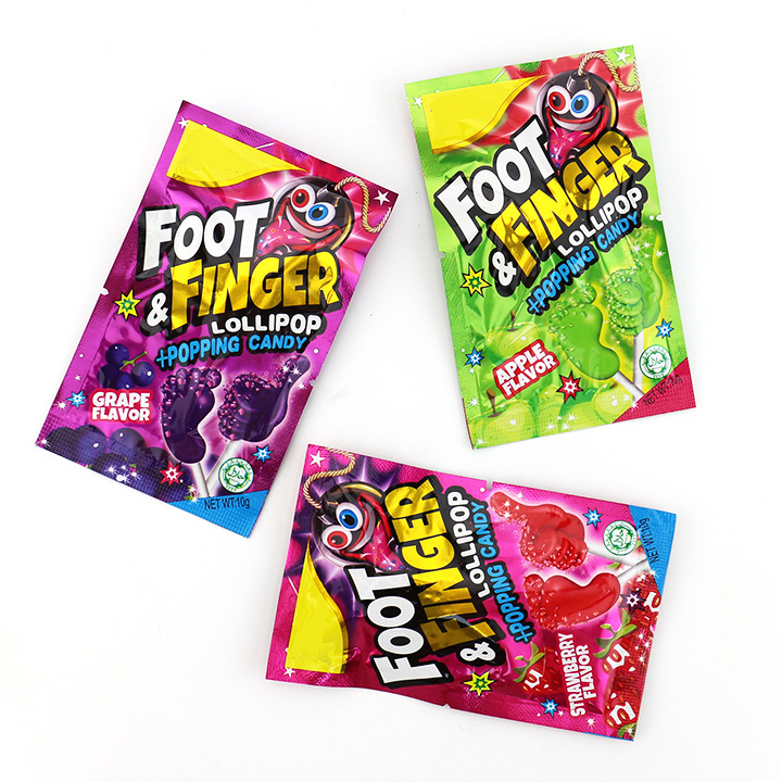 Foot & finger shaped fruit flavored lollipop+popping candy