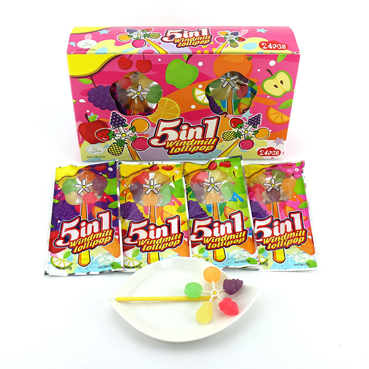 5 in 1 colorful fruit shaped rotating windmill lollipop candy