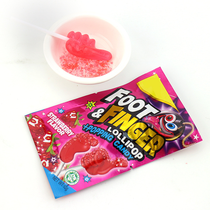 Foot & finger shaped fruit flavored lollipop+popping candy