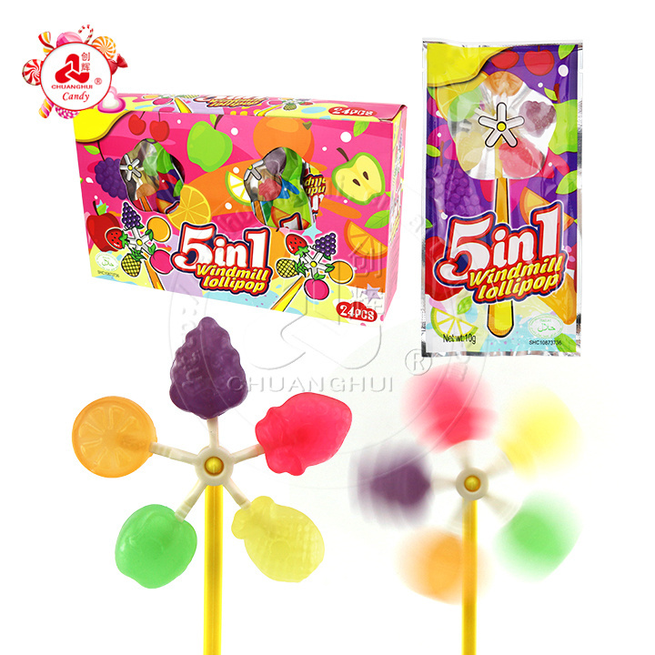 5 in 1 colorful fruit shaped rotating windmill lollipop candy