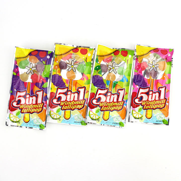 5 in 1 colorful fruit shaped rotating windmill lollipop candy