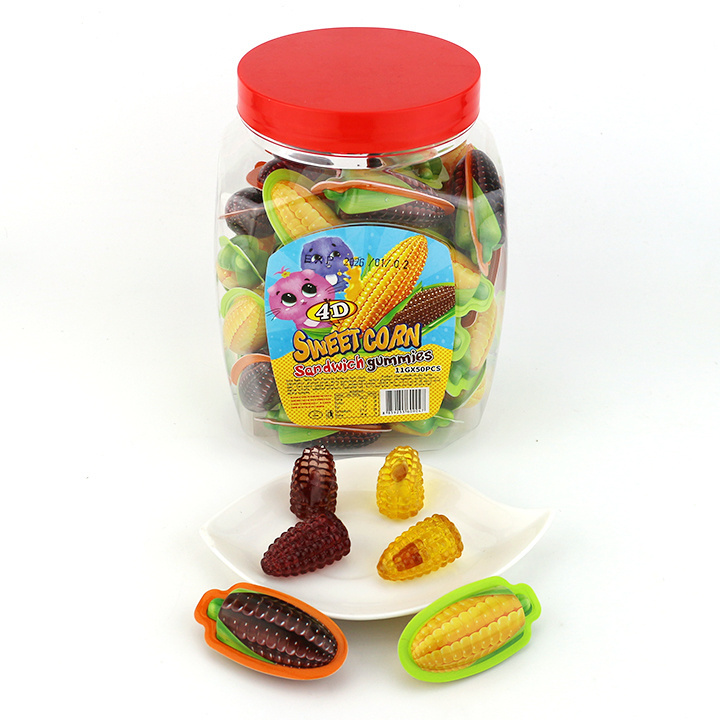 3D Black and yellow sweet corn shaped chewy soft gummy candy with jam filling