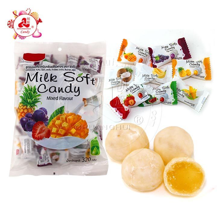 320g  Various fruit flavors gummy milk ball candy in the bag/Chewy Milk candy