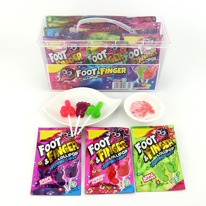 Foot & finger shaped fruit flavored lollipop+popping candy