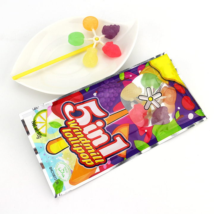 5 in 1 colorful fruit shaped rotating windmill lollipop candy