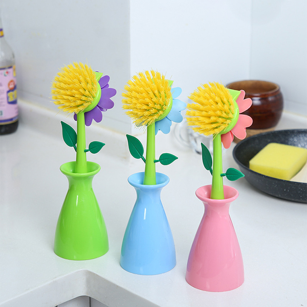 Customized Color Flower Shape Kitchen Cleaning Brush Plastic Pot Dish Washing Brush Handheld Bristle Household Cleaning Brush